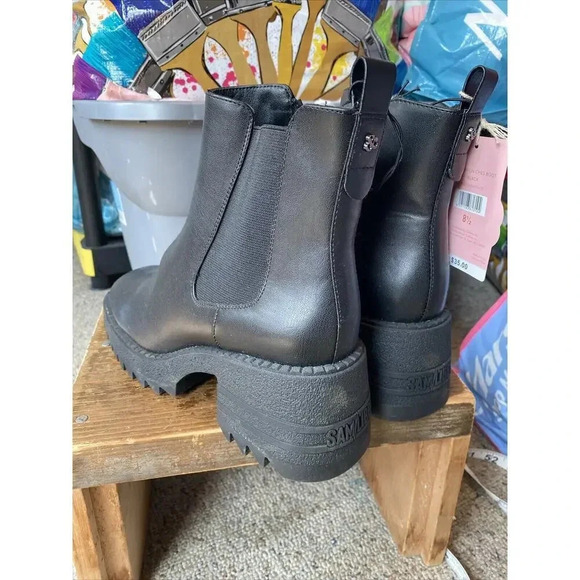 Y2K Chunky Heels Sam/Libby Chelsea Ankle Black Faux Leather Boot Womens 8.5 Goth - Picture 10 of 12
